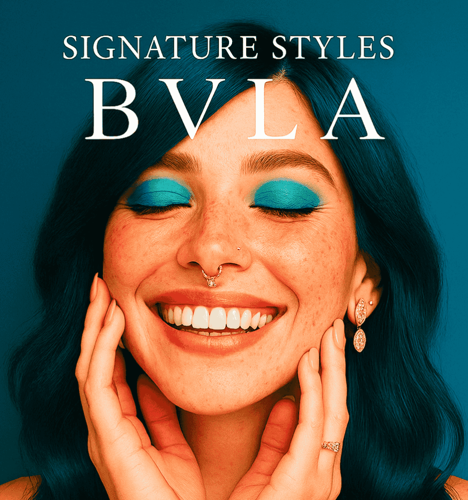 Woman wearing BVLA Signature Styles gold septum ring and ornate dangle earrings