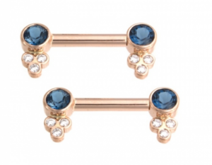 BVLA Round Bezel Tri Gem Accent Nipple Barbell- 14K 14G